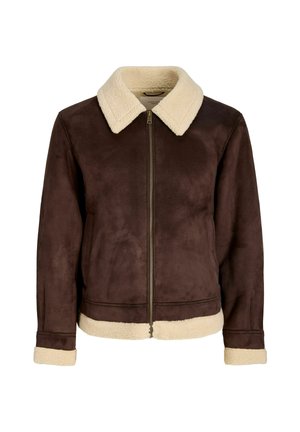 Hnědá semišová bunda s krémovým kožichem na límci, zapínáním na zip po celé délce a kožešinovými manžetami. Měkká textura s neformálním designem.