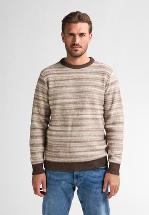 Beige striped sweater with brown accents, round neckline, and ribbed cuffs. Soft texture and casual fit. Worn with light blue jeans.