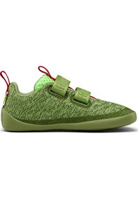 Green athletic shoes with textured knit upper, two Velcro straps, and red accents. Light, flexible sole and heel pull tab for easy wear.