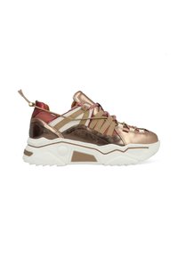 Chunky sneakers with a metallic bronze and red upper, beige straps, white midsole, and textured rubber outsole. Features a decorative pull tab.