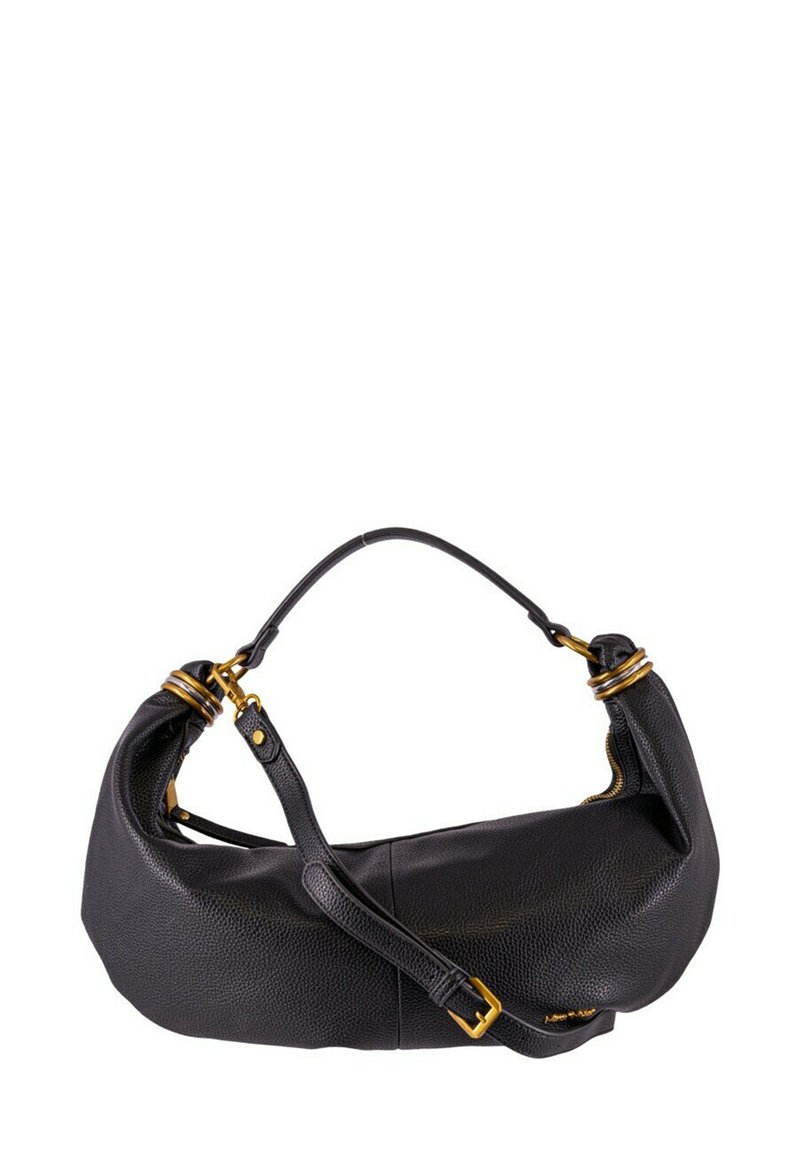 Borsa a spalla nera in pelle con una forma curva. Presenta dettagli in oro e una finitura testurizzata. Include una tracolla removibile.