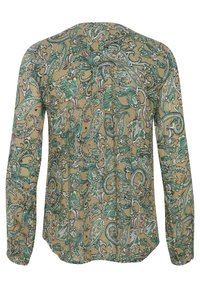Chemise à manches longues vert olive avec un motif cachemire complexe en turquoise, blanc et noir. Tissu doux avec une texture lisse et une coupe décontractée.