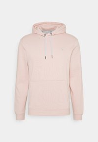 Sudadera rosa claro hecha de un tejido suave, con un bolsillo frontal tipo pouch, cordones ajustables y un pequeño logo en el pecho.
