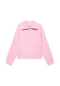 Sweat-shirt court rose avec un col montant et un zip demi-fermeture. Présente des manches longues et une texture lisse et douce. Pas de motifs ni d'accents présents.