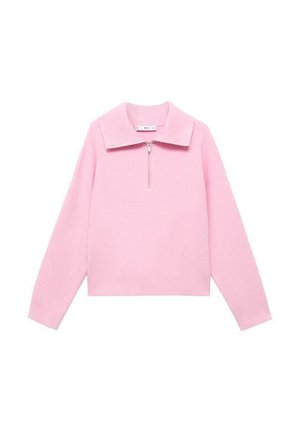 Sweat-shirt court rose avec un col montant et un zip demi-fermeture. Présente des manches longues et une texture lisse et douce. Pas de motifs ni d'accents présents.