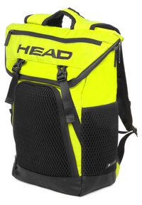 Rugzak in fel neon geel met zwarte gaaszijden, ritssluitingen, versterkte basis en gevoerde schouderbanden voor comfort.