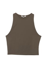 Smeđi bezrukavni crop top s okruglim izrezom, napravljen od glatkog materijala, s jednostavnim, prilagođenim dizajnom i čistim rubovima.