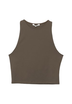 Brun ärmlös crop top med rund halsringning, tillverkad av ett slätt tyg, med en enkel, åtsittande design och rena kanter.