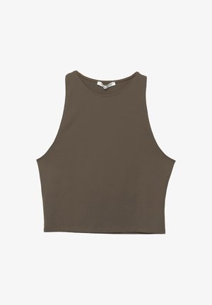 Rjava brezrokavna kratka majica s krožnim ovratnikom, izdelana iz gladkega materiala, ki se ponaša s preprostim, prilegajočim dizajnom in čistimi robovi.