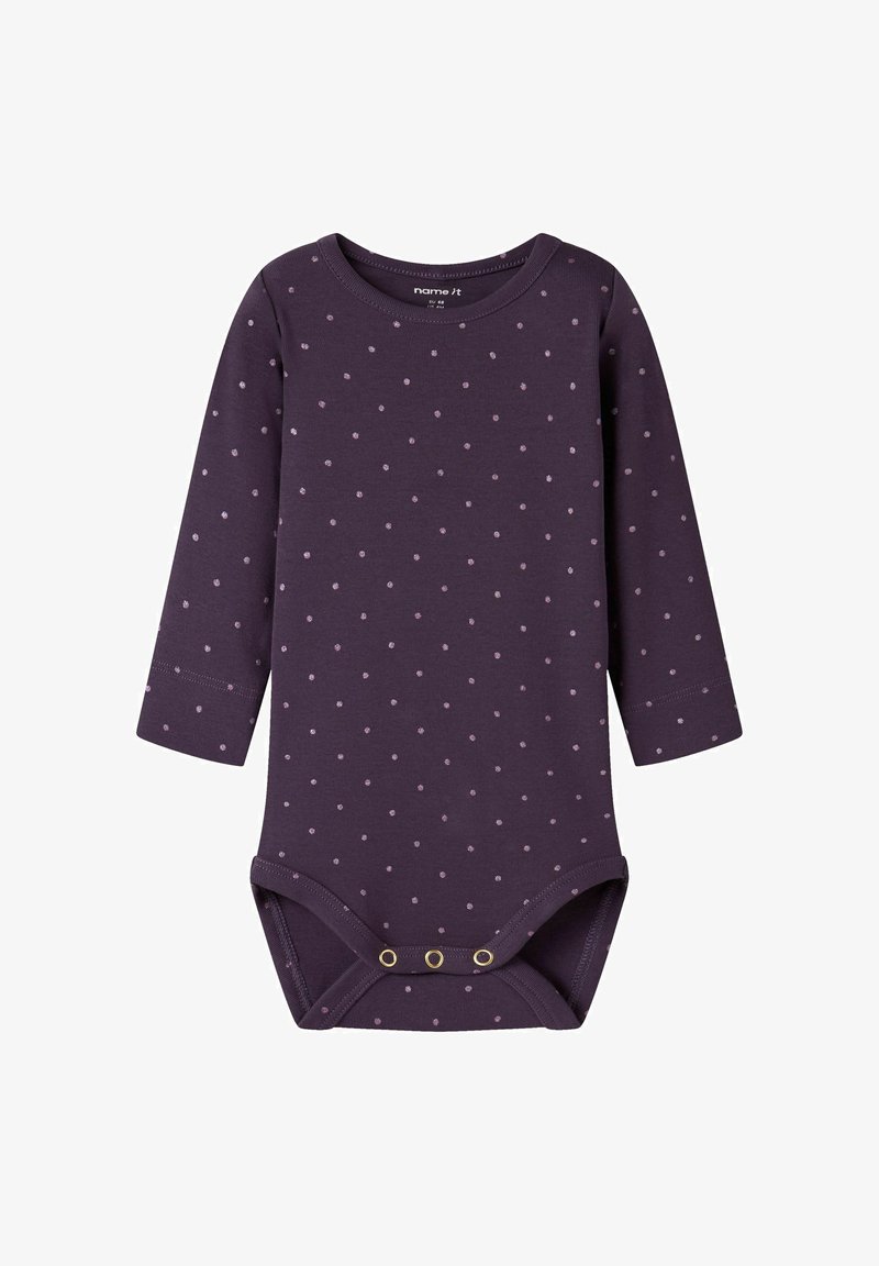 Body bébé à manches longues violet foncé avec des pois violet clair et trois boutons-pression en bas.