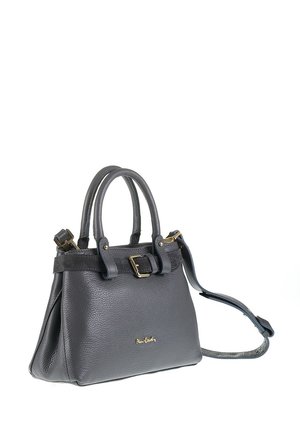 Borsa a mano in pelle grigia con superficie texturizzata, doppie maniglie superiori, tracolla regolabile, dettaglio con fibbia e logo dorato sul fronte.