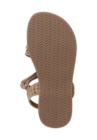 Beiger Sandale mit einem strukturierten Fußbett im Wellenmuster, verstellbarem Riemen und subtilen metallic Akzenten im Obermaterial.