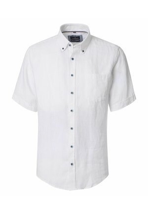Hvid kortærmet skjorte med knapper, med en lomme på venstre bryst og en krave med knapper.