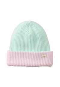 Strikket hue i mintgrøn med pink kant. Har en ribbet struktur og et lille Rip Curl mærke på siden. Blødt og let materiale.