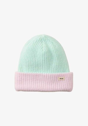 Gebreide muts in mintgroen met een roze omslag. Heeft een geribbelde textuur en een klein Rip Curl-label aan de zijkant. Zacht en lichtgewicht materiaal.