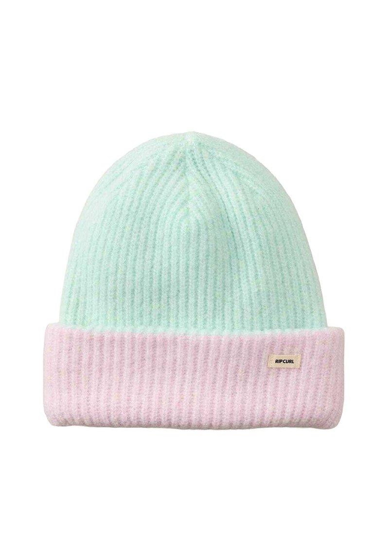 Strikket hue i mintgrøn med pink kant. Har en ribbet struktur og et lille Rip Curl mærke på siden. Blødt og let materiale.