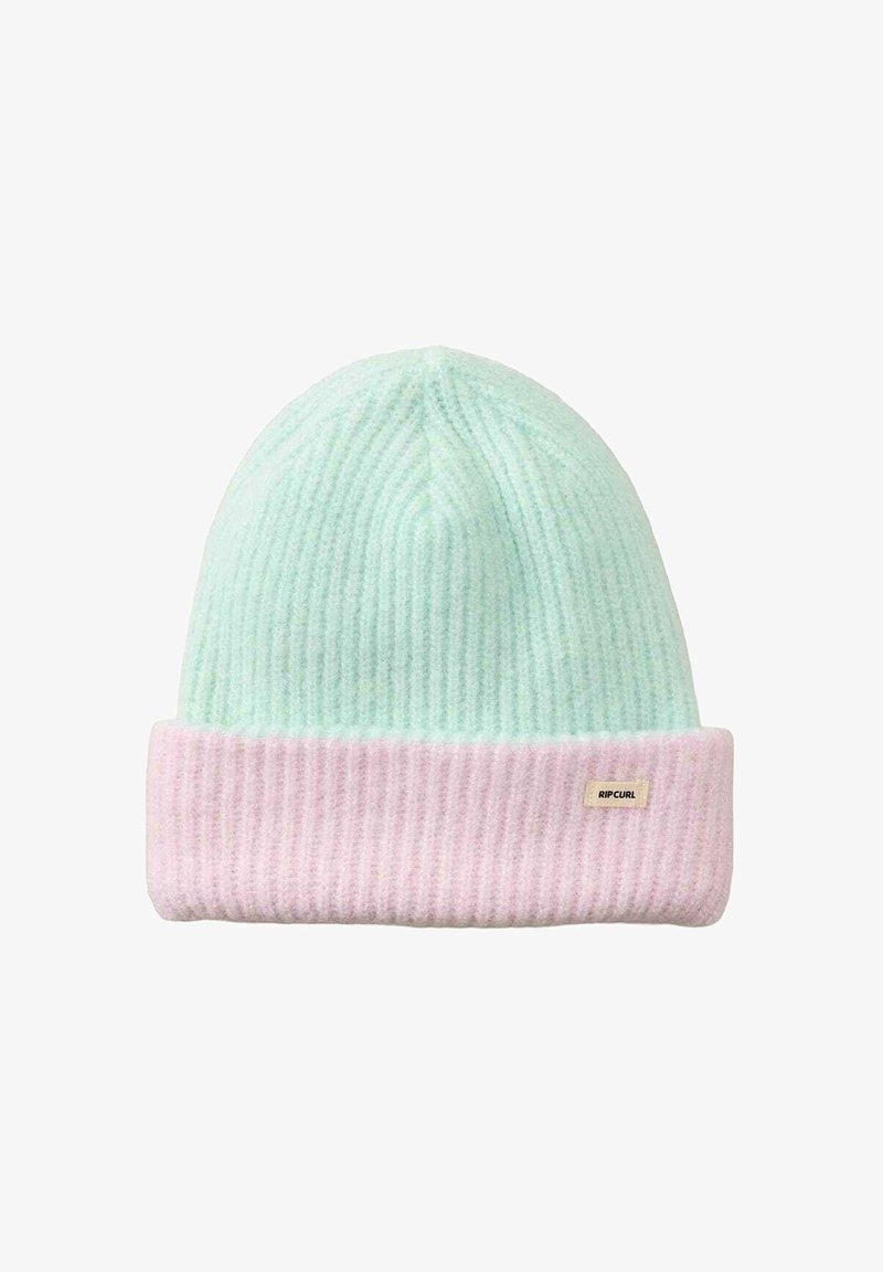 Gebreide muts in mintgroen met een roze omslag. Heeft een geribbelde textuur en een klein Rip Curl-label aan de zijkant. Zacht en lichtgewicht materiaal.