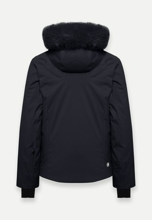 Giacca a piumino blu notte scuro con cappuccio in pelliccia sintetica, tasche laterali con zip e polsini elasticizzati; esterno liscio con una vestibilità sagomata.