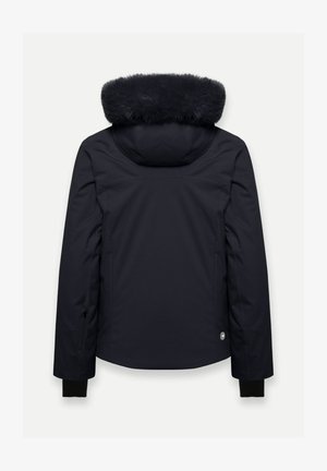 Giacca a piumino blu notte scuro con cappuccio in pelliccia sintetica, tasche laterali con zip e polsini elasticizzati; esterno liscio con una vestibilità sagomata.