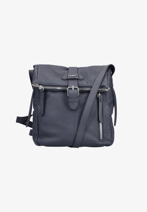 Borsa a tracolla in pelle grigia scura con trama, fibbia anteriore, zip superiore e tasca con zip verticale, tracolla regolabile attaccata.