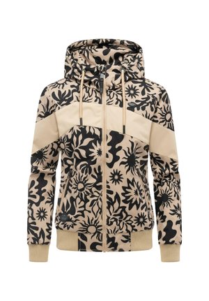Giacca beige con cappuccio e zip, stampa floreale astratta nera, coulisse sul cappuccio, polsini a coste e due tasche con zip frontali.