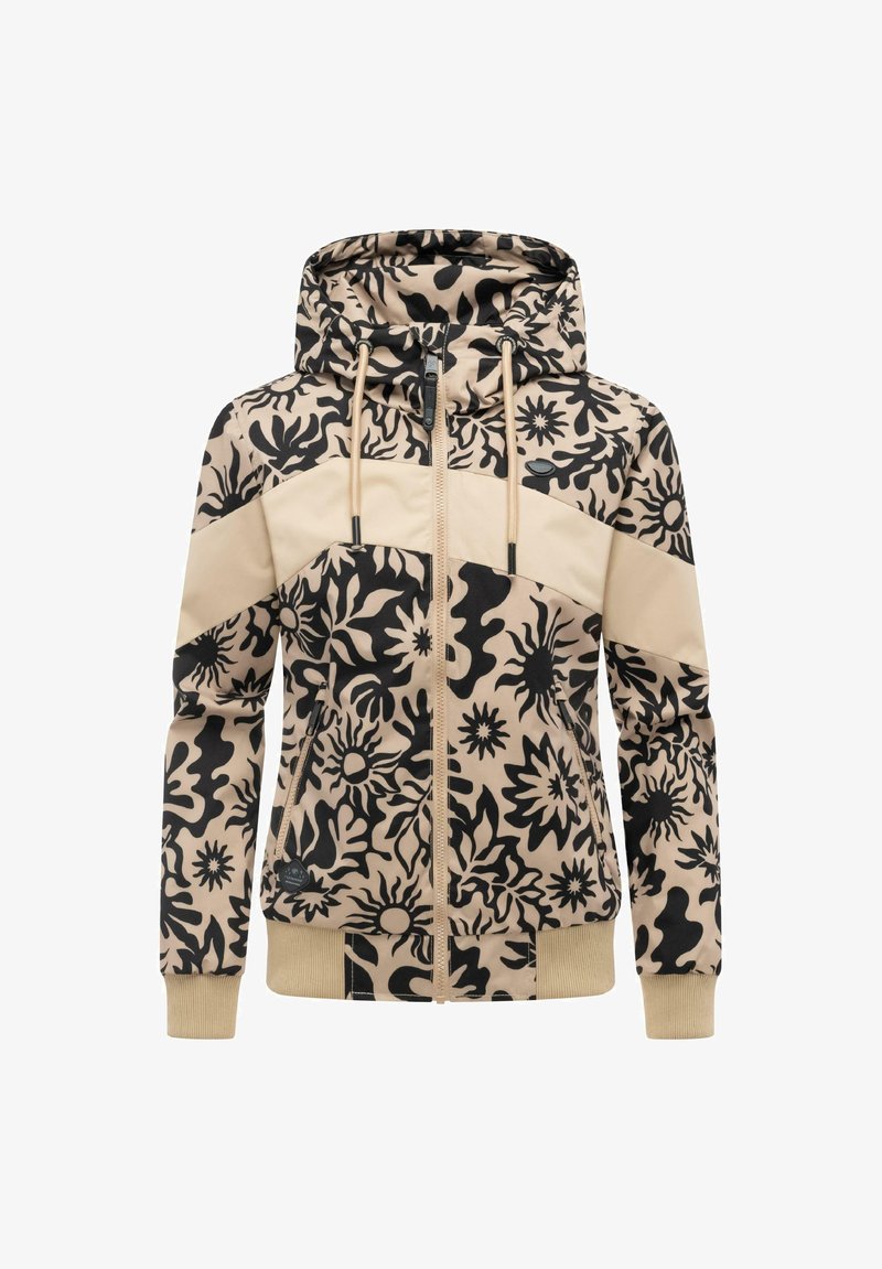 Beige jack met capuchon en rits, met zwarte abstracte bloemenprint, trekkoorden aan de capuchon, geribbelde manchetten en twee voorvakjes met rits.