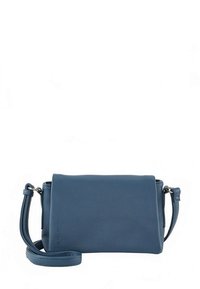 Borsa a tracolla in pelle blu con patta a risvolto, forma rettangolare, tracolla regolabile e texture liscia. Design minimalista, senza parti metalliche visibili.