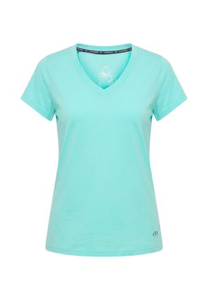Turquoise dames T-shirt met korte mouwen en V-hals, met klein infinity-logo nabij de zoom en een bedrukt merk in de binnenkraag.