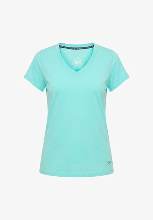 Turquoise dames T-shirt met korte mouwen en V-hals, met klein infinity-logo nabij de zoom en een bedrukt merk in de binnenkraag.
