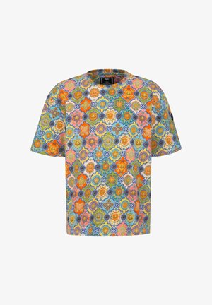 Kurzärmeliges T-Shirt mit bunten, komplexen geometrischen und floralen Mustern in Orange-, Blau-, Grün-, Gelb- und Pinktönen.
