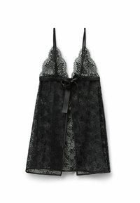 Negligee in pizzo nero con motivo floreale, bordi scallop, spalline sottili e un nastro di raso in vita. Design semi-trasparente.