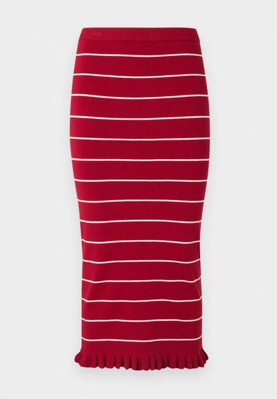 Κόκκινη φούστα μέχρι το γόνατο με οριζόντιες λευκές ρίγες και βολάν στο τελείωμα, εφαρμοστή γραμμή και πλεκτό ύφασμα.