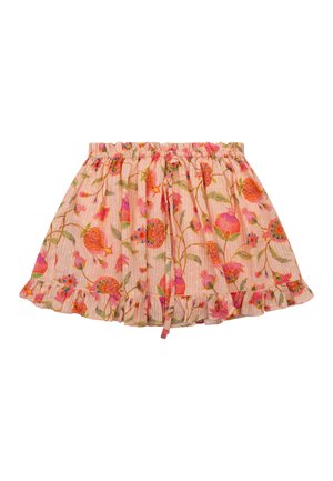 Roze bloemenrok met elastische tailleband, verstelbaar koordje en gerimpelde zoom, met rood-groene bloemmotieven.