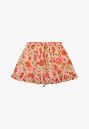 Roze bloemenrok met elastische tailleband, verstelbaar koordje en gerimpelde zoom, met rood-groene bloemmotieven.