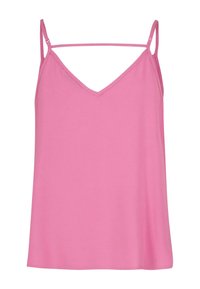 Roze mouwloze camisole met dunne verstelbare bandjes en een horizontaal banddetail over de bovenborst.