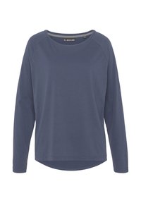 Langarmshirt in Dunkelblau, aus weicher Baumwolle gefertigt. Rundhalsausschnitt, Raglanärmel und abgerundeter Saum an der Unterseite. Einfaches Design.