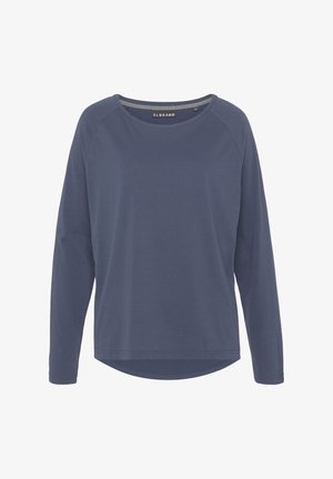 Langarmshirt in Dunkelblau, aus weicher Baumwolle gefertigt. Rundhalsausschnitt, Raglanärmel und abgerundeter Saum an der Unterseite. Einfaches Design.
