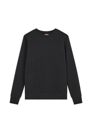 Schwarzer Sweatshirt mit langem Arm und Rundhalsausschnitt, mit gerippten Bündchen und Saum, flach auf weißem Hintergrund gezeigt.