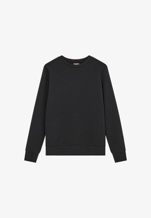 Schwarzer Sweatshirt mit langem Arm und Rundhalsausschnitt, mit gerippten Bündchen und Saum, flach auf weißem Hintergrund gezeigt.