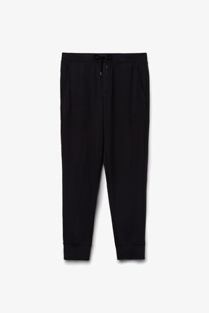 Zwarte sweatpants van zacht materiaal, met een trekkoord in de taille, twee zijzakken en ribgebreide boorden bij de enkels.