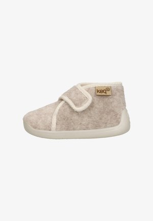 Gray felt bootie with cream accents, rounded toe, Velcro strap closure, and textured rubber sole. Small wooden logo on side.