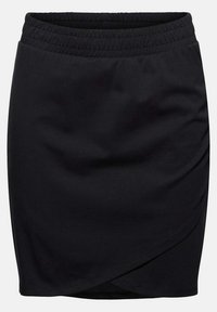Zwarte knielange rok met elastische tailleband en overlappend voorpand detail.