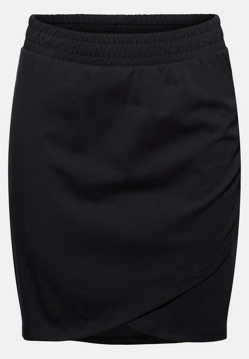 Zwarte knielange rok met elastische tailleband en overlappend voorpand detail.
