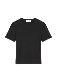 Camiseta de algodón negra con mangas cortas, escote redondo y corte recto. Presenta una etiqueta en el cuello con el nombre de la marca.