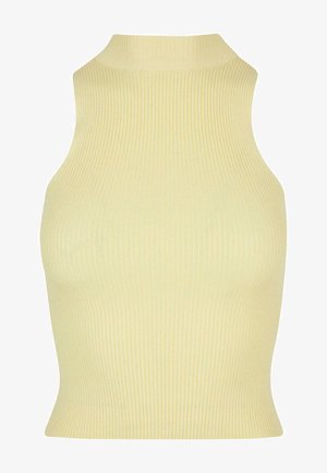 Žebrované bezrukávové tričko v jemně žluté barvě, s vysokým krkem a úzce padnoucím siluetou. Vyrobeno z pružného pleteného materiálu pro pohodlí.