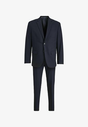 Marineblauer Anzug aus glattem Stoff; einreihige Jacke mit zwei Knöpfen, mit Revers und flachen Vorderhosen.