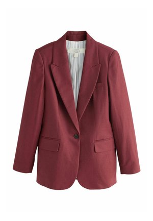 Blazer bordeaux femme à un bouton avec revers crantés, poches à rabats et doublure intérieure rayée gris clair, présenté à plat sur fond blanc.