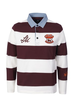 Rugbyshirt met lange mouwen met brede horizontale bordeauxrode en witte strepen, blauwe kraag, La Martina-logo op de borst en geborduurde polo speler op de mouw.