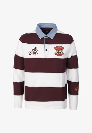Langärmliges Rugbyshirt mit breiten horizontalen kastanienbraunen und weißen Streifen, blauem Kragen, La Martina-Logo auf der Brust und gesticktem Polospieler auf dem Ärmel.