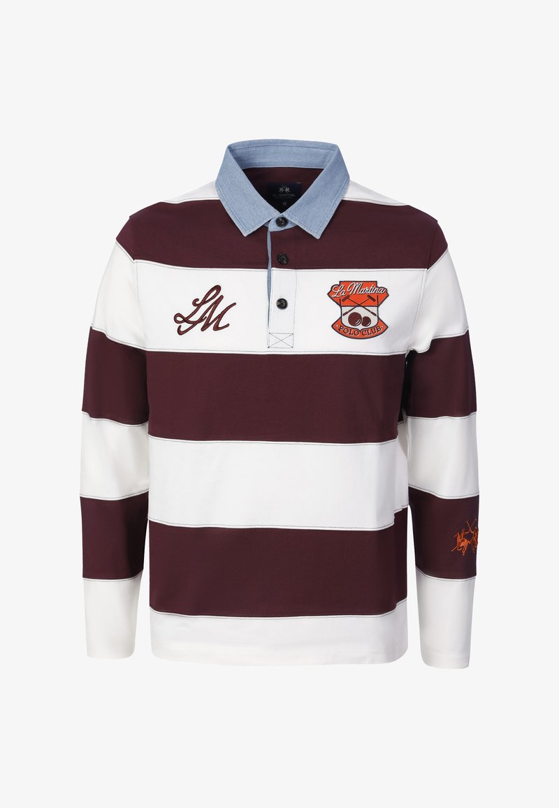 Maillot de rugby à manches longues avec larges rayures horizontales bordeaux et blanches, col bleu, logo La Martina sur la poitrine et joueur de polo brodé sur la manche.